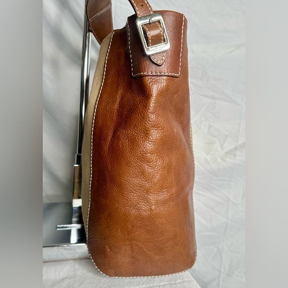 KATE SPADE Brown Leather Gold Canvas Shoulder Tote Bucket Market Carryall Bag - Picture 5 of 10